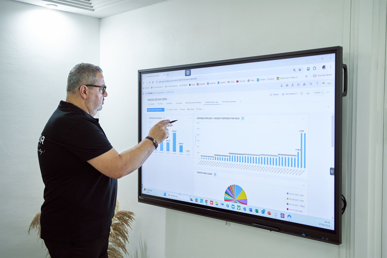 Ghassan Rizk analyse un graphique de ventes sur le grand écran du bureau